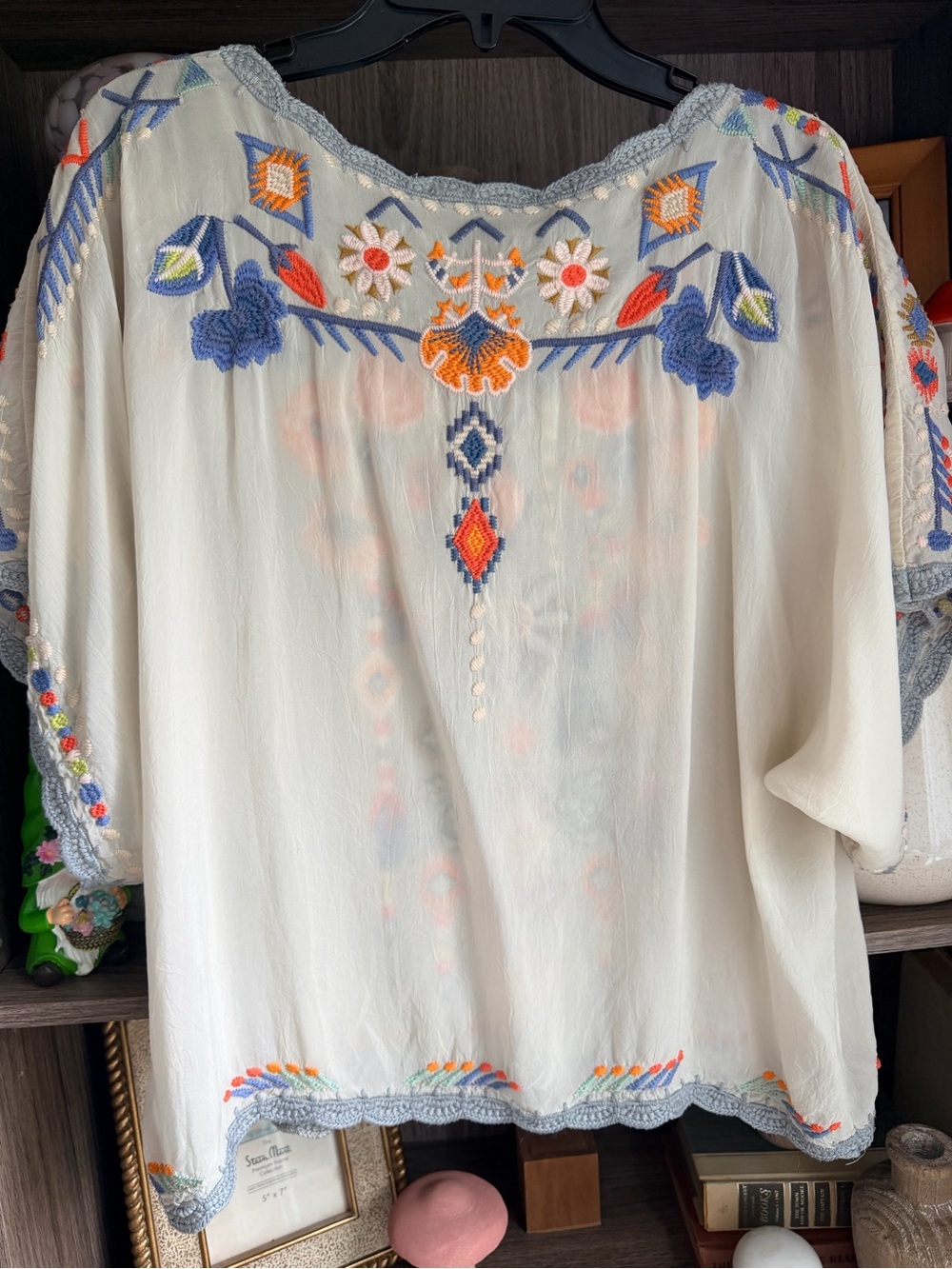 Johnny Was Cream Embroidered Boho Peasant Top with Orange & Blue Accents - Picture 5 of 5